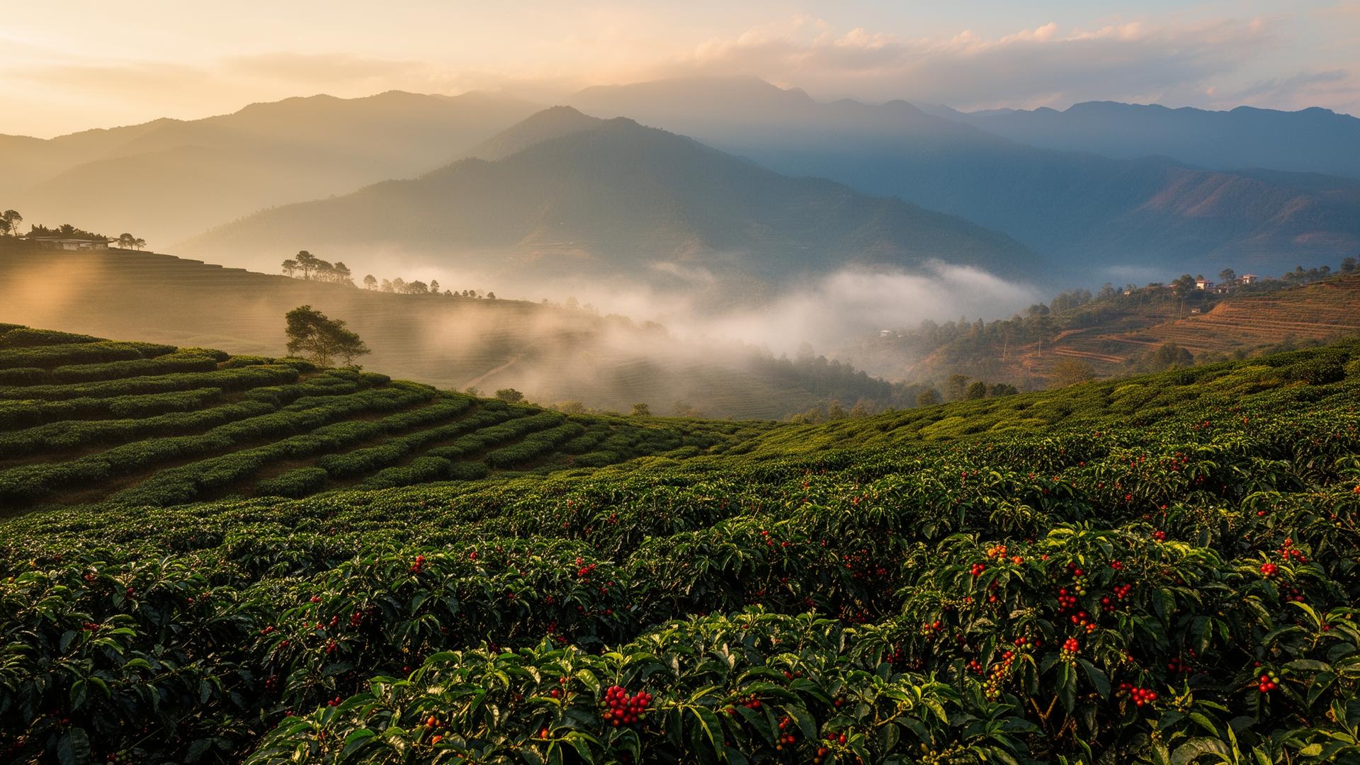 Terraced coffee plantations in the Bhutanese Himalayas at golden hour