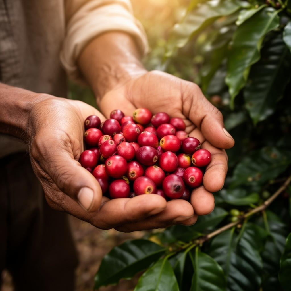 A farmer's hands holding freshly harvested red coffee cherries